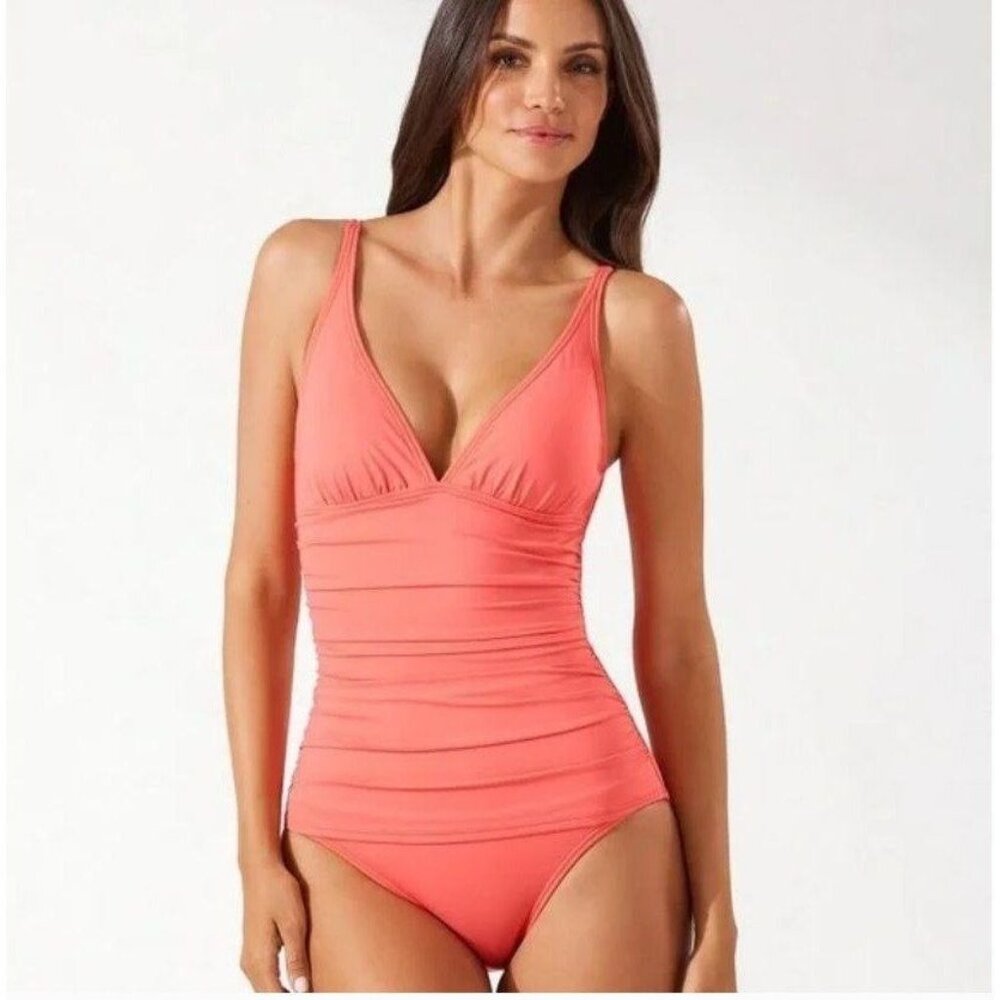 Tommy Bahama Pearl Over-the-Shoulder V-Neck One-Piece Swimsuit in Coral Size 16